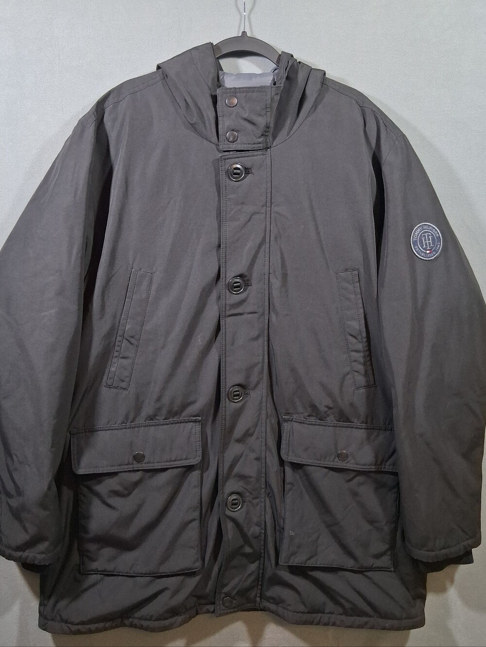 Men's XXL Tommy Hilfiger Quilted Inside Jacket Black Hood Faux Fur Fall Winter